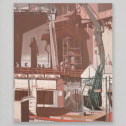 contractors on site (red-green) triptych, left panel